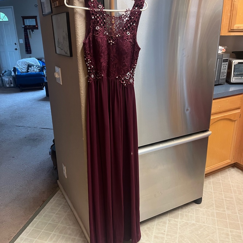 City Triangles Burgundy Maxi Dress with Lace